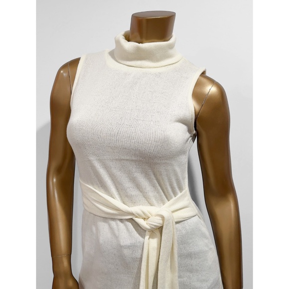 Venus Women's Cream Sleeveless Tie Waist Tunic Sweater Turtleneck Top Size S - Picture 4 of 5